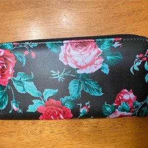 Black and Rose Printed Zip Around Wallet